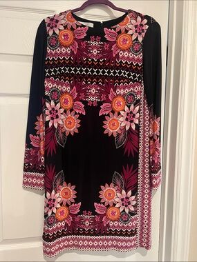 Women's Black Floral Printed Long-Sleeve Dress - Pink & Orange Accents